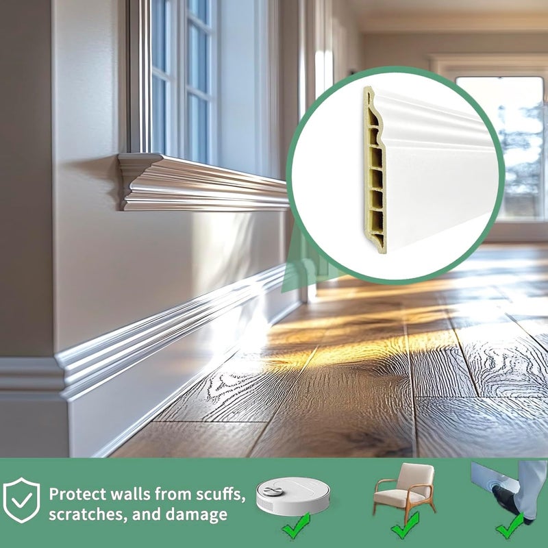 TRAIN2 ART Wall Baseboard Molding Trim,8-Pack of 48 x 3.27 Inch,Peel and Stick High Impact Finish Molding Panel Skirting Board for Home Decor,32 Feet (White 2) - Image 3